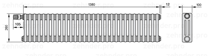 Схема (чертеж) Радиатор Zehnder Charleston 3026/30 №V012 Белый глянцевый RAL 9016